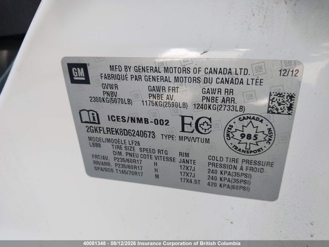 Aukcja sprzedaży 2013 Gmc Terrain Sle, vin: 2GKFLREK8D6240673, numer aukcji: 40081348