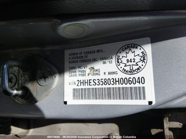 Продажа на аукционе авто 2003 Acura 1.7el Premium, vin: 2HHES35803H006040, номер лота: 40075680