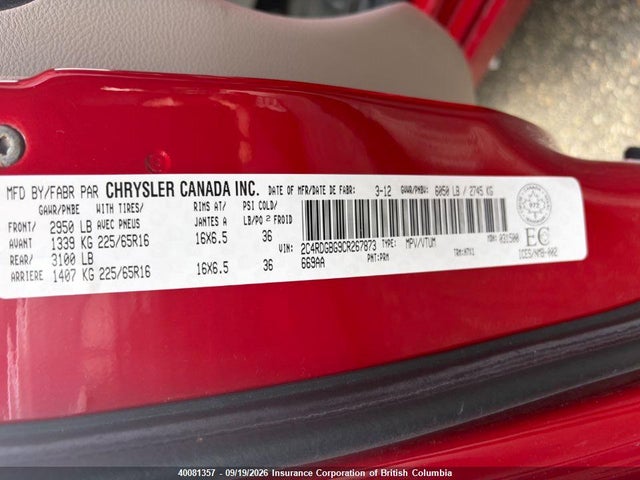 40081357 :رقم المزاد ، 2C4RDGBG9CR267873 vin ، 2012 Dodge Grand Caravan Se مزاد بيع