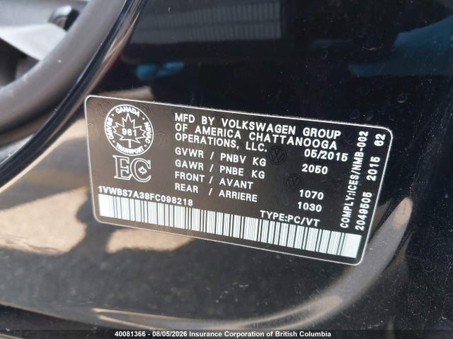 Volkswagen Passat 2015 1VWBS7A38FC098218 Image 9