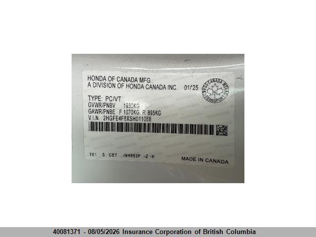 Honda Civic 2025 2HGFE4F8XSH011068 Image 14