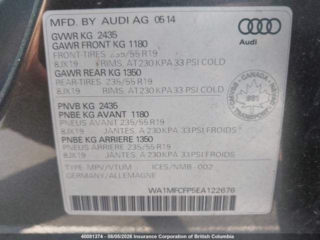 Aukcja sprzedaży 2014 Audi Q5, vin: WA1MFCFP5EA122676, numer aukcji: 40081374