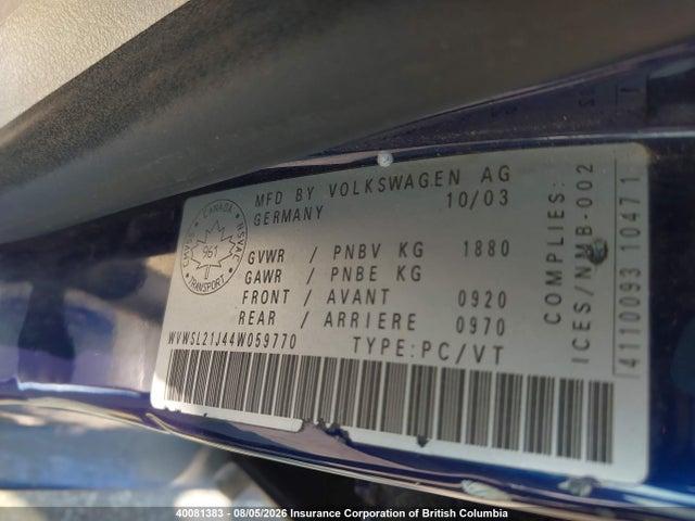 40081383 :رقم المزاد ، WVWSL21J44W059770 vin ، 2004 Volkswagen Jetta مزاد بيع