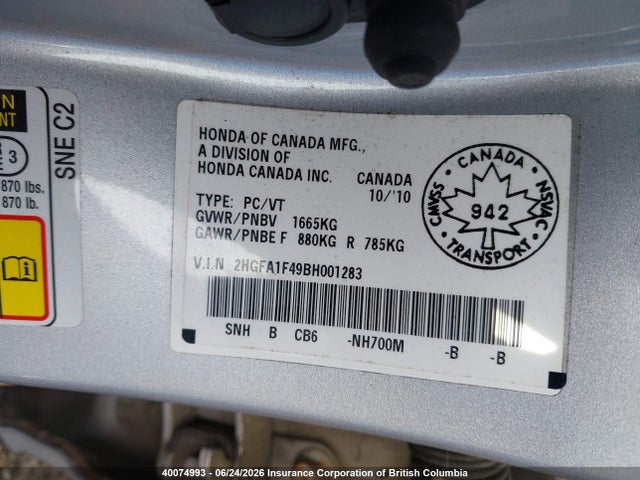 40074993 :رقم المزاد ، 2HGFA1F49BH001283 vin ، 2011 Honda Civic Dx-g مزاد بيع