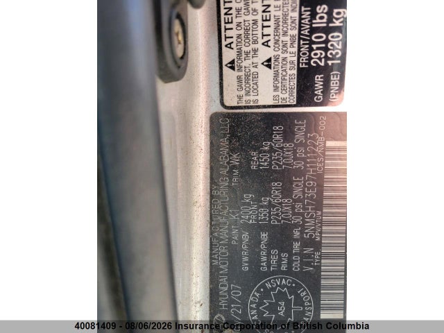 2007 Hyundai Santa Fe Gls მანქანა იყიდება აუქციონზე, vin: 5NMSH73E97H111223, აუქციონის ნომერი: 40081409