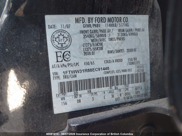 Aukcja sprzedaży 2008 Ford F350, vin: 1FTWW31R88EC91448, numer aukcji: 40081414
