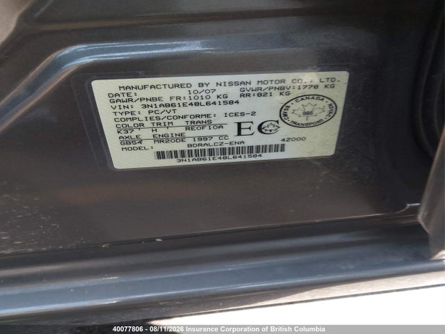 40077806 :رقم المزاد ، 3N1AB61E48L641584 vin ، 2008 Nissan Sentra 2.0/2.0s/2.0sl مزاد بيع