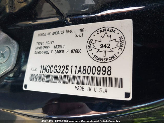 2001 Honda Accord Ex მანქანა იყიდება აუქციონზე, vin: 1HGCG32511A800998, აუქციონის ნომერი: 40081419