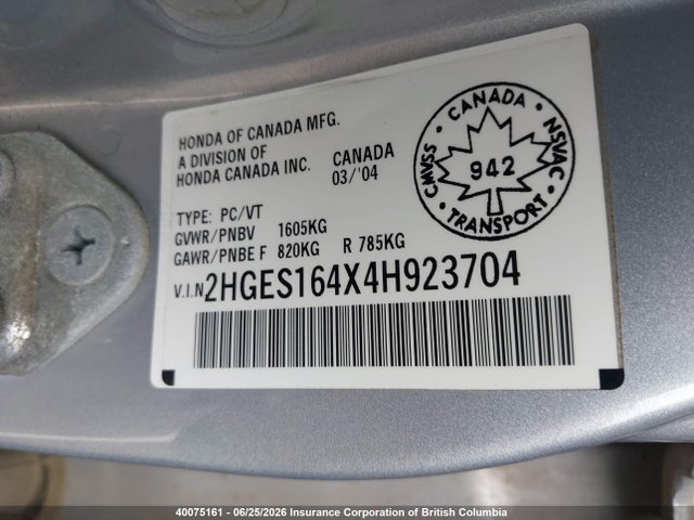 40075161 :رقم المزاد ، 2HGES164X4H923704 vin ، 2004 Honda Civic Dx مزاد بيع
