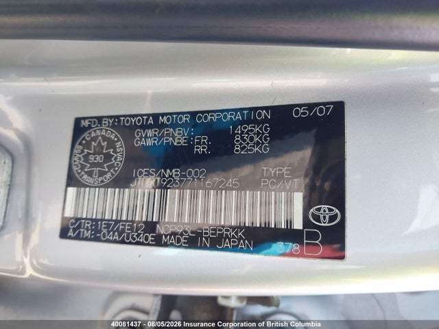 Aukcja sprzedaży 2007 Toyota Yaris, vin: JTDBT923771167245, numer aukcji: 40081437