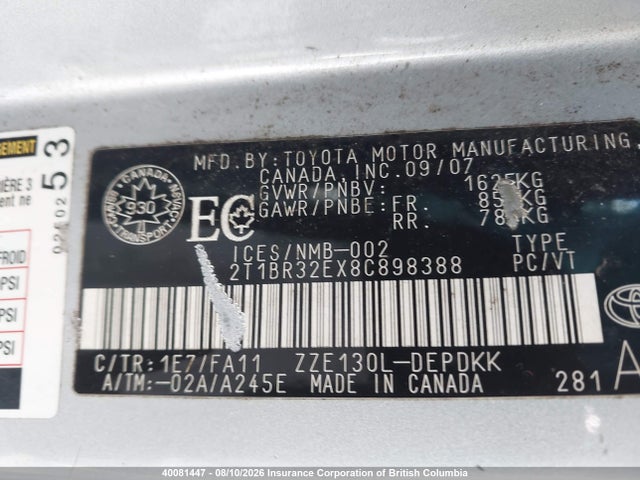 Auction sale of the 2008 Toyota Corolla Ce/le/s, vin: 2T1BR32EX8C898388, lot number: 40081447