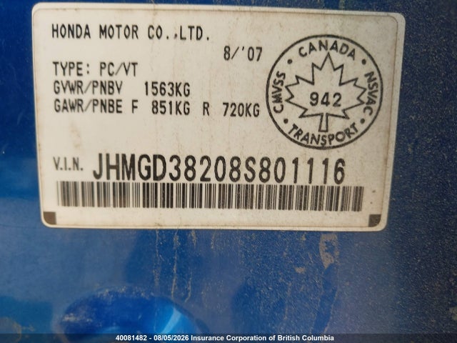 Aukcja sprzedaży 2008 Honda Fit, vin: JHMGD38208S801116, numer aukcji: 40081482