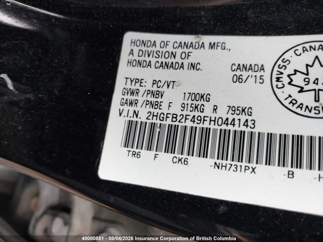 Auction sale of the 2015 Honda Civic Lx, vin: 2HGFB2F49FH044143, lot number: 40080851