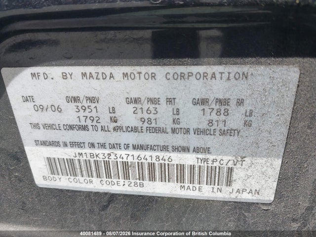 Aukcja sprzedaży 2007 Mazda 3 S, vin: JM1BK323471641846, numer aukcji: 40081489