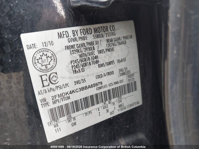 Auction sale of the 2011 Ford Edge, vin: 2FMDK4KC3BBA65979, lot number: 40081499