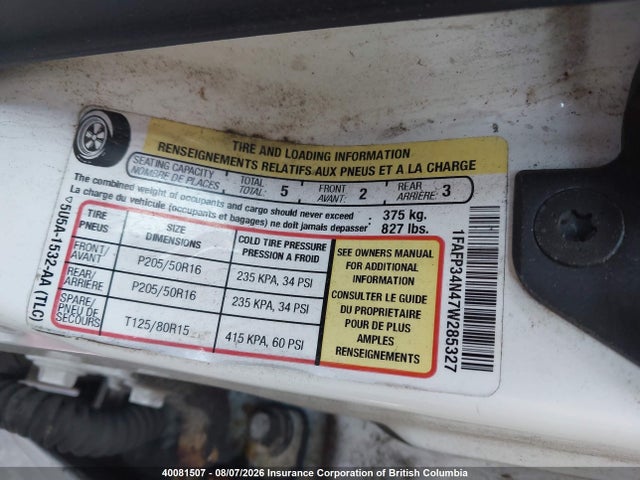 40081507 :رقم المزاد ، 1FAFP34N47W285327 vin ، 2007 Ford Focus مزاد بيع