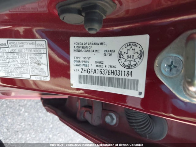 2006 Honda Civic მანქანა იყიდება აუქციონზე, vin: 2HGFA16376H031184, აუქციონის ნომერი: 40081509
