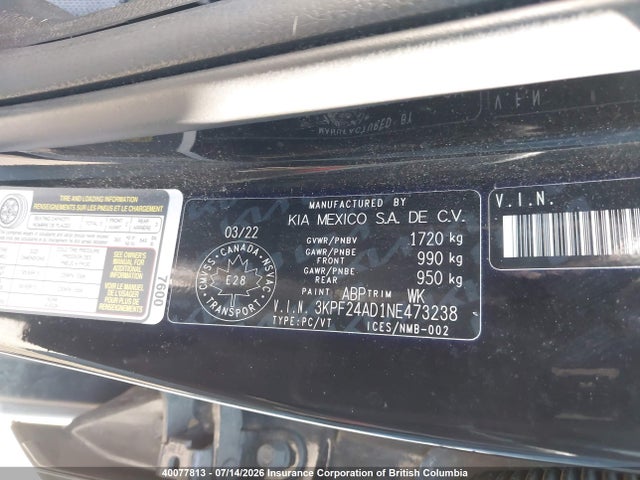 40077813 :رقم المزاد ، 3KPF24AD1NE473238 vin ، 2022 Kia Forte Fe/lxs مزاد بيع