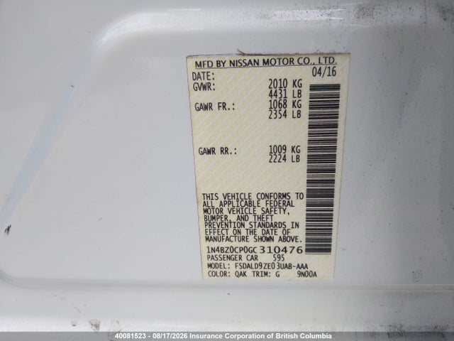 Продажа на аукционе авто 2016 Nissan Leaf, vin: 1N4BZ0CP0GC310476, номер лота: 40081523