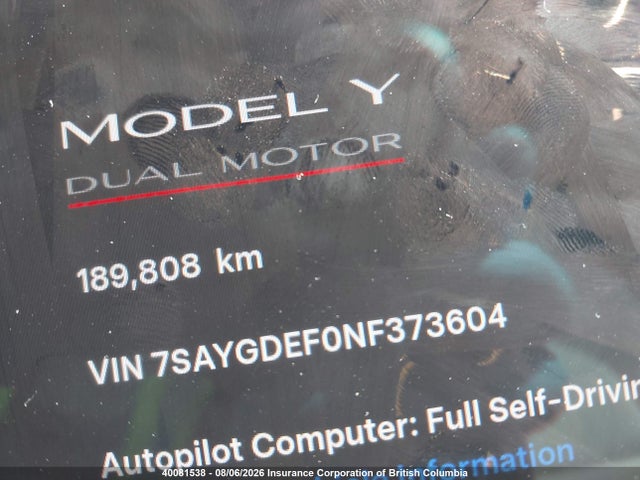 Auction sale of the 2022 Tesla Model Y, vin: 7SAYGDEF0NF373604, lot number: 40081538