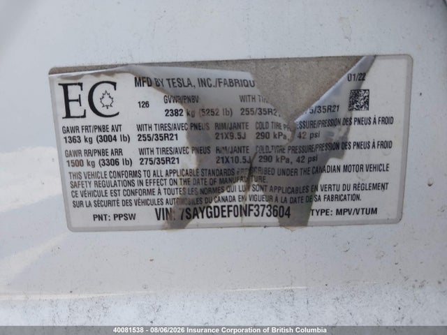 40081538 :رقم المزاد ، 7SAYGDEF0NF373604 vin ، 2022 Tesla Model Y مزاد بيع