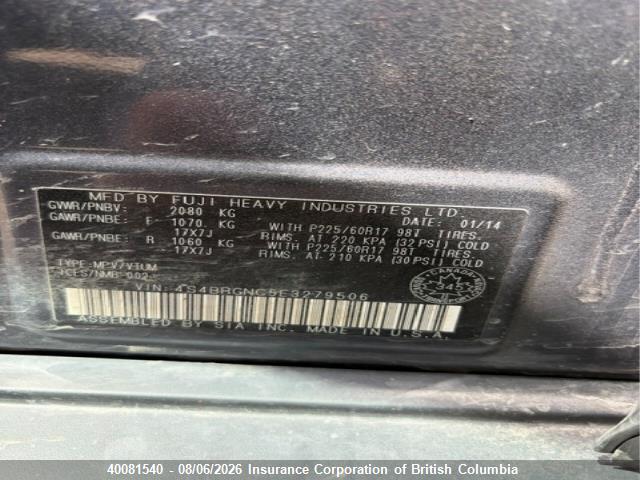 40081540 :رقم المزاد ، 4S4BRGNC5E3279506 vin ، 2014 Subaru Outback 2.5i Limited مزاد بيع