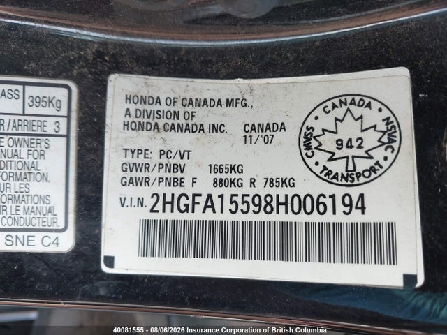 2008 Honda Civic მანქანა იყიდება აუქციონზე, vin: 2HGFA15598H006194, აუქციონის ნომერი: 40081555