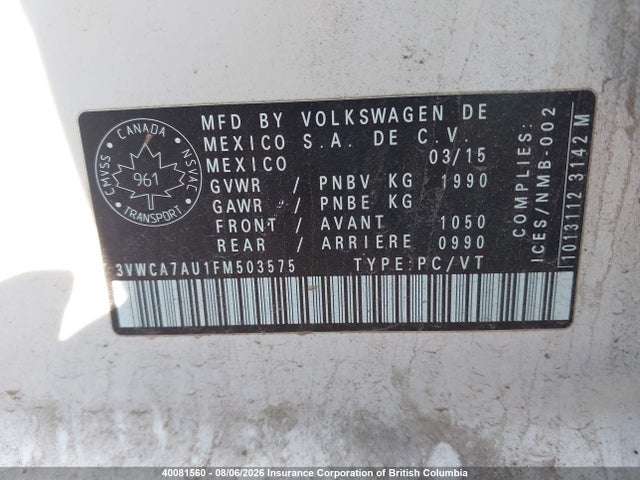 Volkswagen Golf 2015 3VWCA7AU1FM503575 Image 9