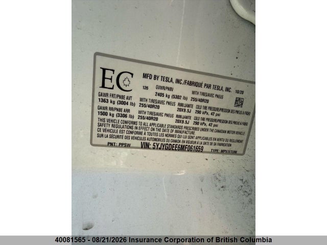 Tesla Model Y 2021 5YJYGDEE6MF061659 Image 10
