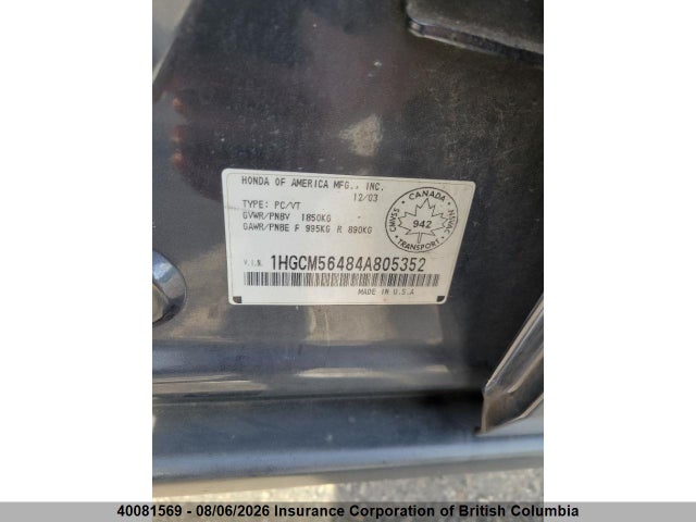 2004 Honda Accord Lx-g მანქანა იყიდება აუქციონზე, vin: 1HGCM56484A805352, აუქციონის ნომერი: 40081569