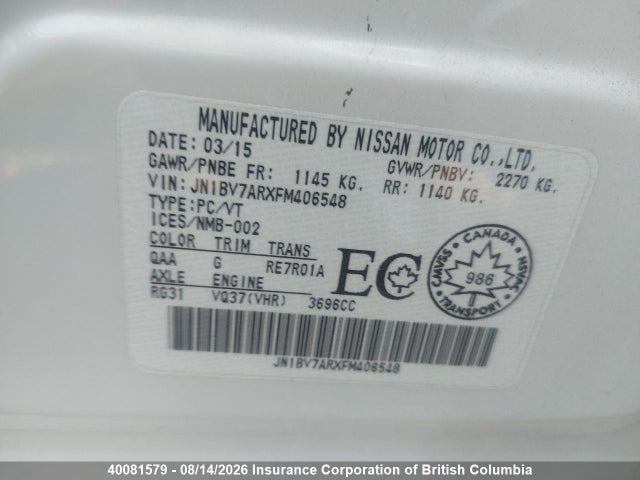 Продаж на аукціоні авто 2015 Infiniti Q50, vin: JN1BV7ARXFM406548, номер лоту: 40081579