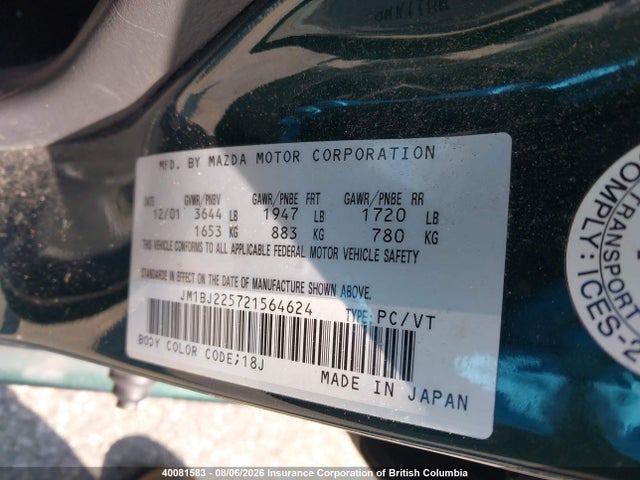 2002 Mazda Protege Es/lx მანქანა იყიდება აუქციონზე, vin: JM1BJ225721564624, აუქციონის ნომერი: 40081583
