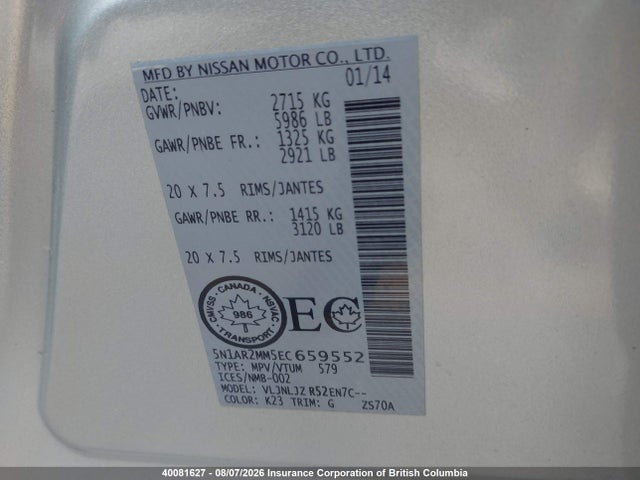 Auction sale of the 2014 Nissan Pathfinder S/sv/sl/platinum, vin: 5N1AR2MM5EC659552, lot number: 40081627