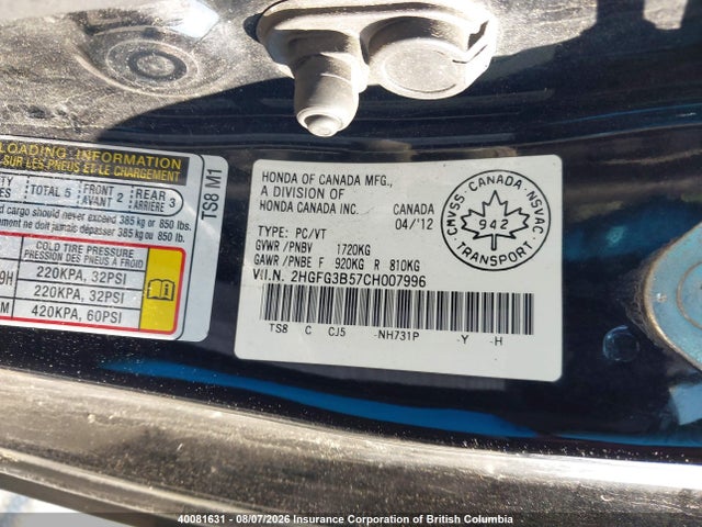40081631 :رقم المزاد ، 2HGFG3B57CH007996 vin ، 2012 Honda Civic مزاد بيع