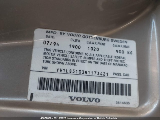 Aukcja sprzedaży 1994 Volvo 850, vin: YV1LS5103R1173421, numer aukcji: 40077850