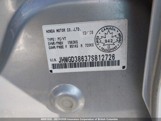 40081638 :رقم المزاد ، JHMGD38637S812726 vin ، 2007 Honda Fit مزاد بيع