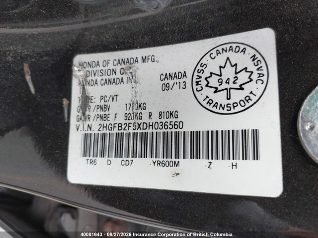 Продажа на аукционе авто 2013 Honda Civic, vin: 2HGFB2F5XDH036560, номер лота: 40081643