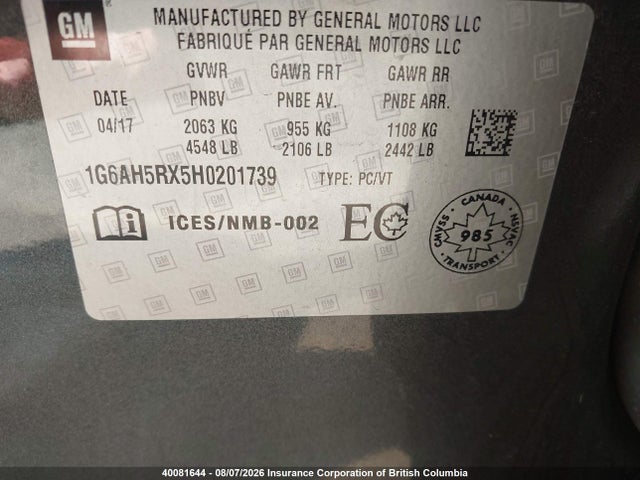40081644 :رقم المزاد ، 1G6AH5RX5H0201739 vin ، 2017 Cadillac Ats مزاد بيع