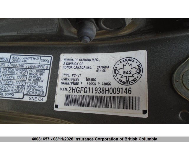 40081657 :رقم المزاد ، 2HGFG11938H009146 vin ، 2008 Honda Civic مزاد بيع