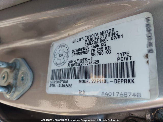 Aukcja sprzedaży 2001 Toyota Corolla Ce/le/s, vin: 2T1BR12E21C848529, numer aukcji: 40081679