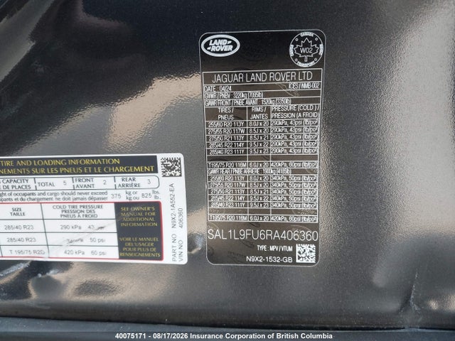 40075171 :رقم المزاد ، SAL1L9FU6RA406360 vin ، 2024 Land Rover Range Rover Sport Dynamic Se مزاد بيع