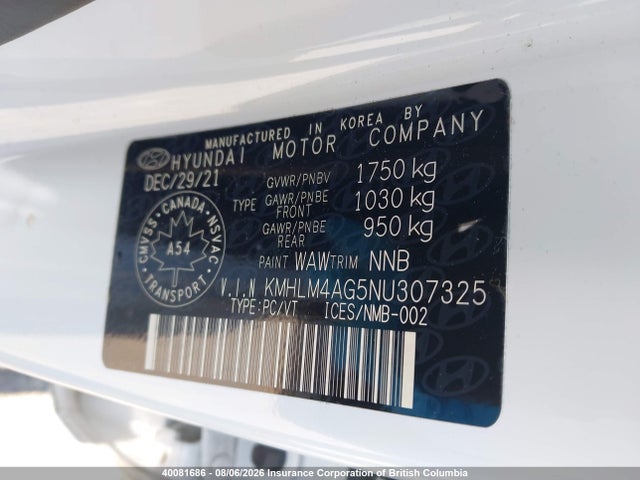 Aukcja sprzedaży 2022 Hyundai Elantra Preferred Ivt, vin: KMHLM4AG5NU307325, numer aukcji: 40081686
