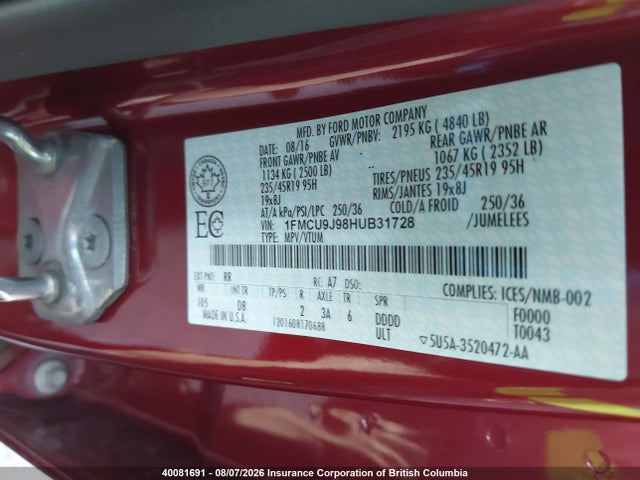40081691 :رقم المزاد ، 1FMCU9J98HUB31728 vin ، 2017 Ford Escape Titanium مزاد بيع