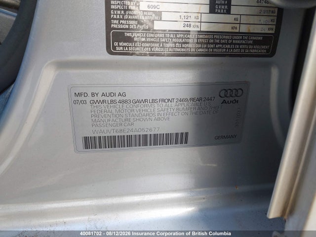 Aukcja sprzedaży 2004 Audi A4, vin: WAUVT68E24A052677, numer aukcji: 40081702