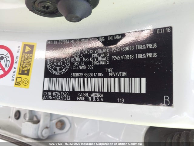 5TDBCRFH8GS017105 Toyota Highlander Hybrid Hybrid