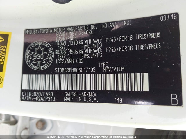 5TDBCRFH8GS017105 Toyota Highlander Hybrid Hybrid