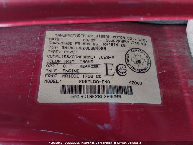 2008 Nissan Versa S/sl მანქანა იყიდება აუქციონზე, vin: 3N1BC13E28L384099, აუქციონის ნომერი: 40075842