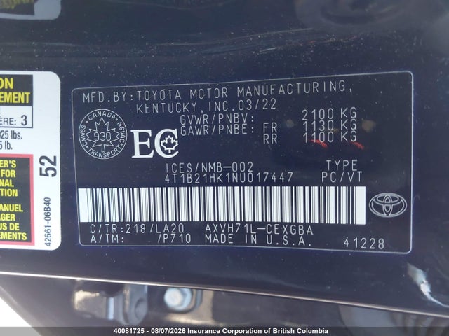 4T1B21HK1NU017447 Toyota Camry