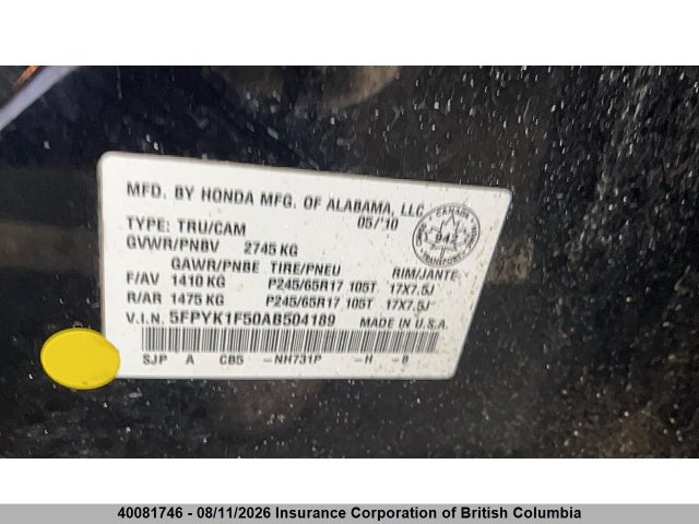 2010 Honda Ridgeline Ex-l/vp მანქანა იყიდება აუქციონზე, vin: 5FPYK1F50AB504189, აუქციონის ნომერი: 40081746