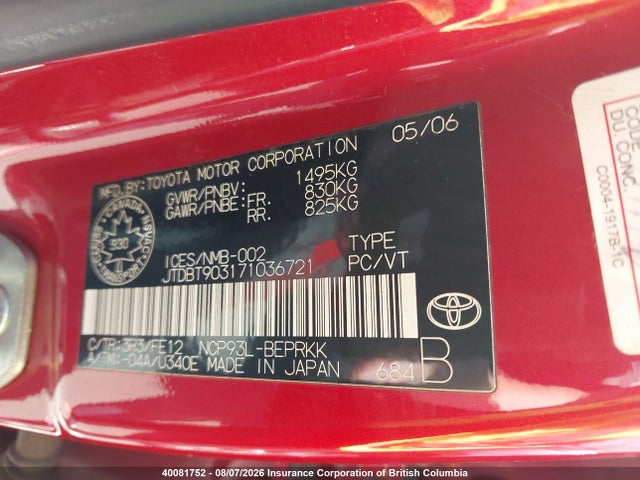 Aukcja sprzedaży 2007 Toyota Yaris, vin: JTDBT903171036721, numer aukcji: 40081752